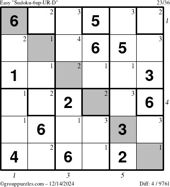 The grouppuzzles.com Easy Sudoku-6up-UR-D puzzle for Saturday December 14, 2024 with all 4 steps marked