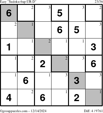 The grouppuzzles.com Easy Sudoku-6up-UR-D puzzle for Saturday December 14, 2024 with the first 3 steps marked