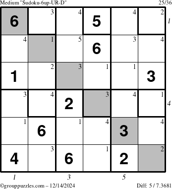 The grouppuzzles.com Medium Sudoku-6up-UR-D puzzle for Saturday December 14, 2024, suitable for printing, with all 5 steps marked