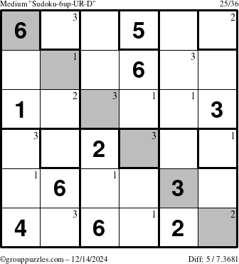 The grouppuzzles.com Medium Sudoku-6up-UR-D puzzle for Saturday December 14, 2024 with the first 3 steps marked