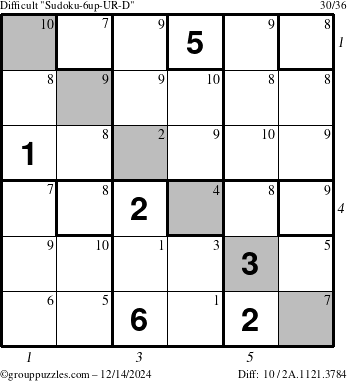 The grouppuzzles.com Difficult Sudoku-6up-UR-D puzzle for Saturday December 14, 2024, suitable for printing, with all 10 steps marked