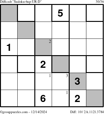 The grouppuzzles.com Difficult Sudoku-6up-UR-D puzzle for Saturday December 14, 2024 with the first 3 steps marked