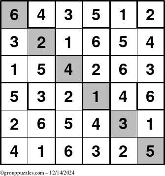 The grouppuzzles.com Answer grid for the Sudoku-6up-UR-D puzzle for Saturday December 14, 2024