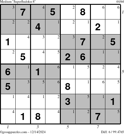 The grouppuzzles.com Medium SuperSudoku-8 puzzle for Saturday December 14, 2024 with all 6 steps marked