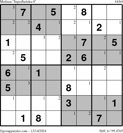 The grouppuzzles.com Medium SuperSudoku-8 puzzle for Saturday December 14, 2024 with the first 3 steps marked