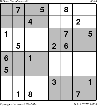 The grouppuzzles.com Difficult SuperSudoku-8 puzzle for Saturday December 14, 2024