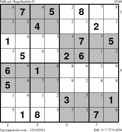 The grouppuzzles.com Difficult SuperSudoku-8 puzzle for Saturday December 14, 2024 with all 9 steps marked