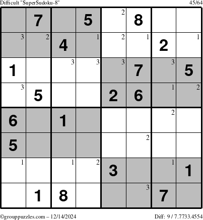 The grouppuzzles.com Difficult SuperSudoku-8 puzzle for Saturday December 14, 2024 with the first 3 steps marked