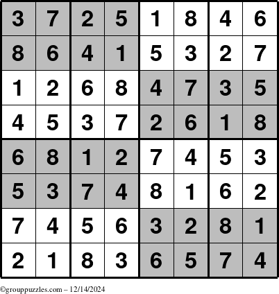 The grouppuzzles.com Answer grid for the SuperSudoku-8 puzzle for Saturday December 14, 2024