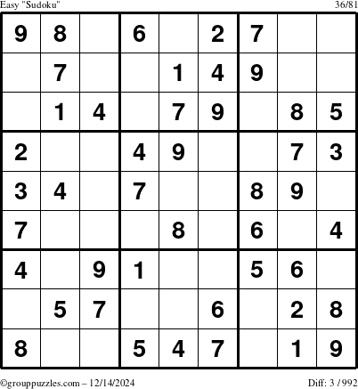 The grouppuzzles.com Easy Sudoku puzzle for Saturday December 14, 2024