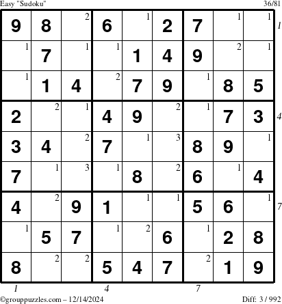 The grouppuzzles.com Easy Sudoku puzzle for Saturday December 14, 2024 with all 3 steps marked