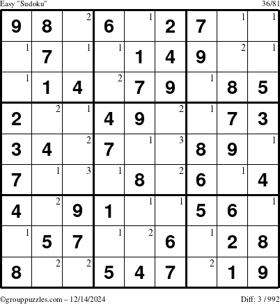 The grouppuzzles.com Easy Sudoku puzzle for Saturday December 14, 2024 with the first 3 steps marked