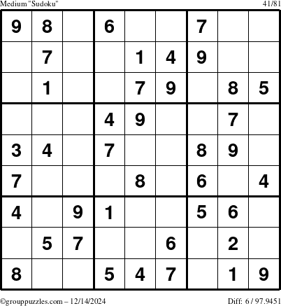 The grouppuzzles.com Medium Sudoku puzzle for Saturday December 14, 2024