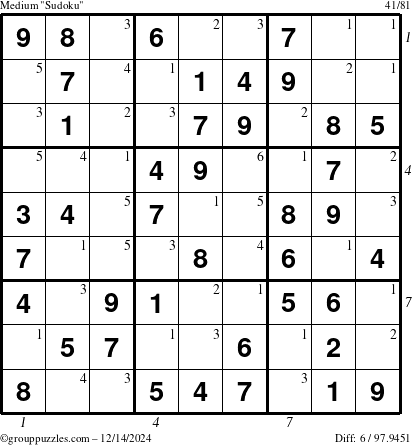 The grouppuzzles.com Medium Sudoku puzzle for Saturday December 14, 2024, suitable for printing, with all 6 steps marked