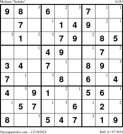 The grouppuzzles.com Medium Sudoku puzzle for Saturday December 14, 2024 with the first 3 steps marked