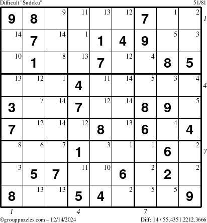 The grouppuzzles.com Difficult Sudoku puzzle for Saturday December 14, 2024 with all 14 steps marked