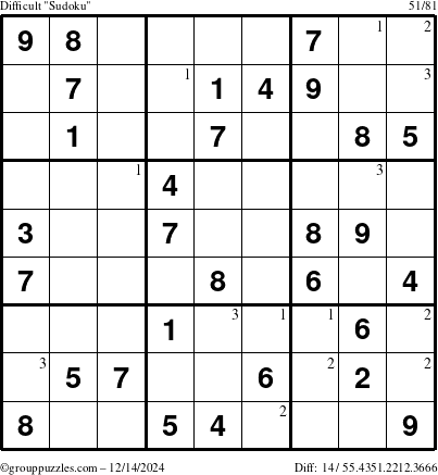 The grouppuzzles.com Difficult Sudoku puzzle for Saturday December 14, 2024 with the first 3 steps marked