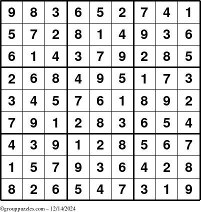 The grouppuzzles.com Answer grid for the Sudoku puzzle for Saturday December 14, 2024