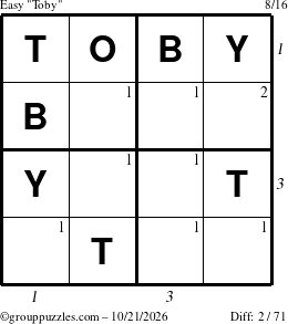 The grouppuzzles.com Easy Toby puzzle for Wednesday October 21, 2026 with all 2 steps marked