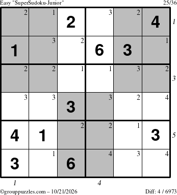 The grouppuzzles.com Easy SuperSudoku-Junior puzzle for Wednesday October 21, 2026 with all 4 steps marked