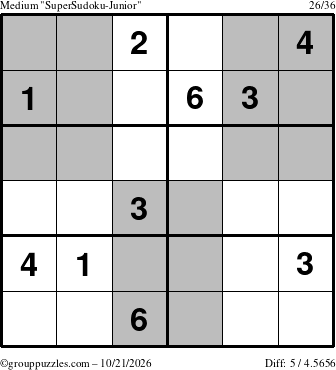 The grouppuzzles.com Medium SuperSudoku-Junior puzzle for Wednesday October 21, 2026