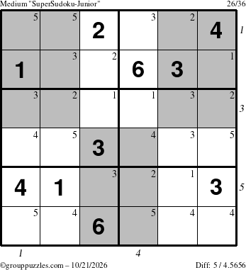 The grouppuzzles.com Medium SuperSudoku-Junior puzzle for Wednesday October 21, 2026 with all 5 steps marked