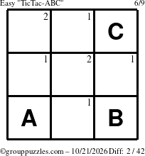 The grouppuzzles.com Easy TicTac-ABC puzzle for Wednesday October 21, 2026 with the first 2 steps marked