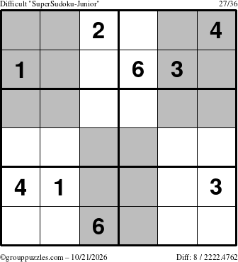 The grouppuzzles.com Difficult SuperSudoku-Junior puzzle for Wednesday October 21, 2026