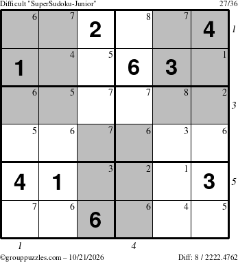 The grouppuzzles.com Difficult SuperSudoku-Junior puzzle for Wednesday October 21, 2026, suitable for printing, with all 8 steps marked