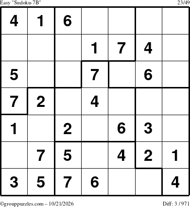 The grouppuzzles.com Easy Sudoku-7B puzzle for Wednesday October 21, 2026