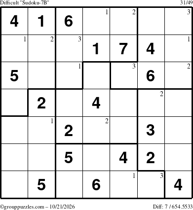 The grouppuzzles.com Difficult Sudoku-7B puzzle for Wednesday October 21, 2026 with the first 3 steps marked