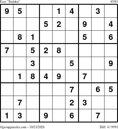 The grouppuzzles.com Easy Sudoku puzzle for Wednesday October 21, 2026