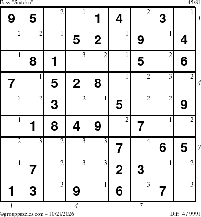 The grouppuzzles.com Easy Sudoku puzzle for Wednesday October 21, 2026, suitable for printing, with all 4 steps marked