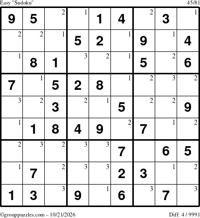 The grouppuzzles.com Easy Sudoku puzzle for Wednesday October 21, 2026 with the first 3 steps marked