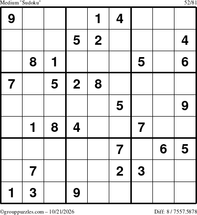 The grouppuzzles.com Medium Sudoku puzzle for Wednesday October 21, 2026