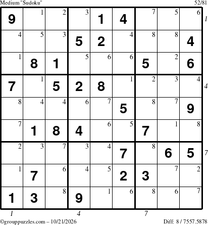 The grouppuzzles.com Medium Sudoku puzzle for Wednesday October 21, 2026, suitable for printing, with all 8 steps marked