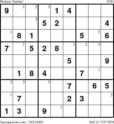 The grouppuzzles.com Medium Sudoku puzzle for Wednesday October 21, 2026 with the first 3 steps marked