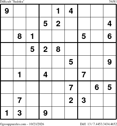 The grouppuzzles.com Difficult Sudoku puzzle for Wednesday October 21, 2026