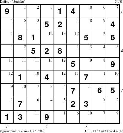 The grouppuzzles.com Difficult Sudoku puzzle for Wednesday October 21, 2026, suitable for printing, with all 13 steps marked