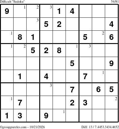 The grouppuzzles.com Difficult Sudoku puzzle for Wednesday October 21, 2026 with the first 3 steps marked