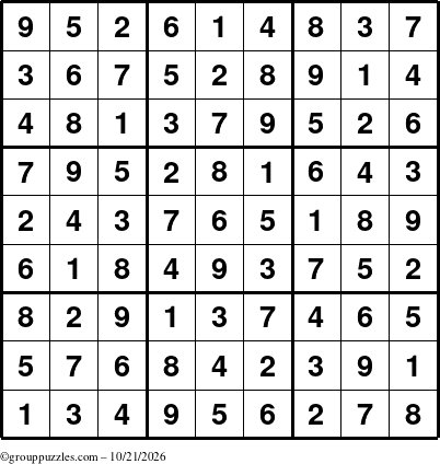 The grouppuzzles.com Answer grid for the Sudoku puzzle for Wednesday October 21, 2026