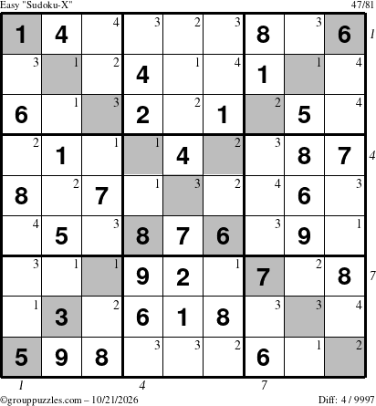 The grouppuzzles.com Easy Sudoku-X puzzle for Wednesday October 21, 2026 with all 4 steps marked