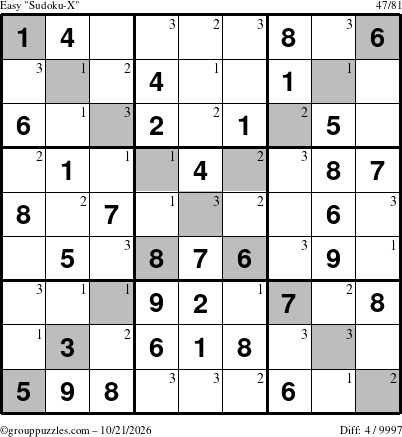 The grouppuzzles.com Easy Sudoku-X puzzle for Wednesday October 21, 2026 with the first 3 steps marked