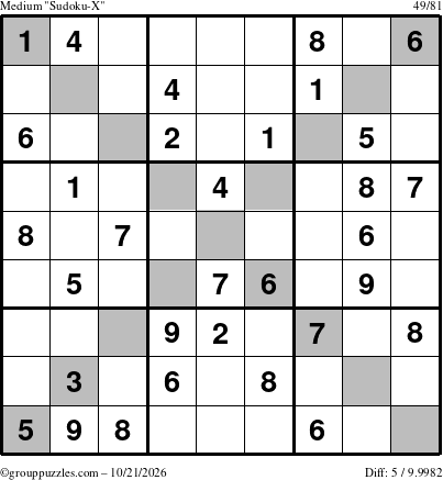 The grouppuzzles.com Medium Sudoku-X puzzle for Wednesday October 21, 2026