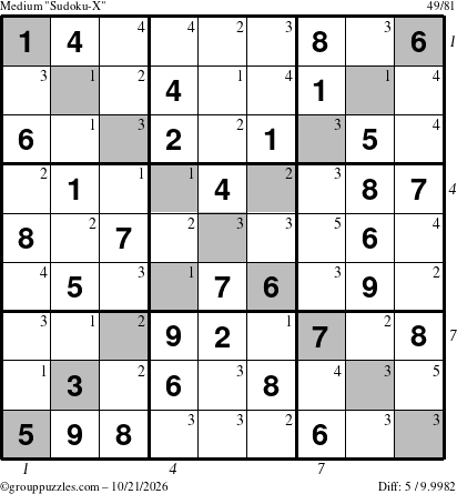 The grouppuzzles.com Medium Sudoku-X puzzle for Wednesday October 21, 2026, suitable for printing, with all 5 steps marked