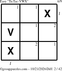 The grouppuzzles.com Easy TicTac-VWX puzzle for Wednesday October 21, 2026, suitable for printing, with all 2 steps marked