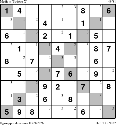 The grouppuzzles.com Medium Sudoku-X puzzle for Wednesday October 21, 2026 with the first 3 steps marked