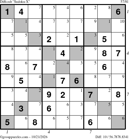 The grouppuzzles.com Difficult Sudoku-X puzzle for Wednesday October 21, 2026 with all 10 steps marked