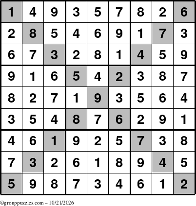 The grouppuzzles.com Answer grid for the Sudoku-X puzzle for Wednesday October 21, 2026