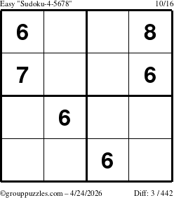 The grouppuzzles.com Easy Sudoku-4-5678 puzzle for Friday April 24, 2026